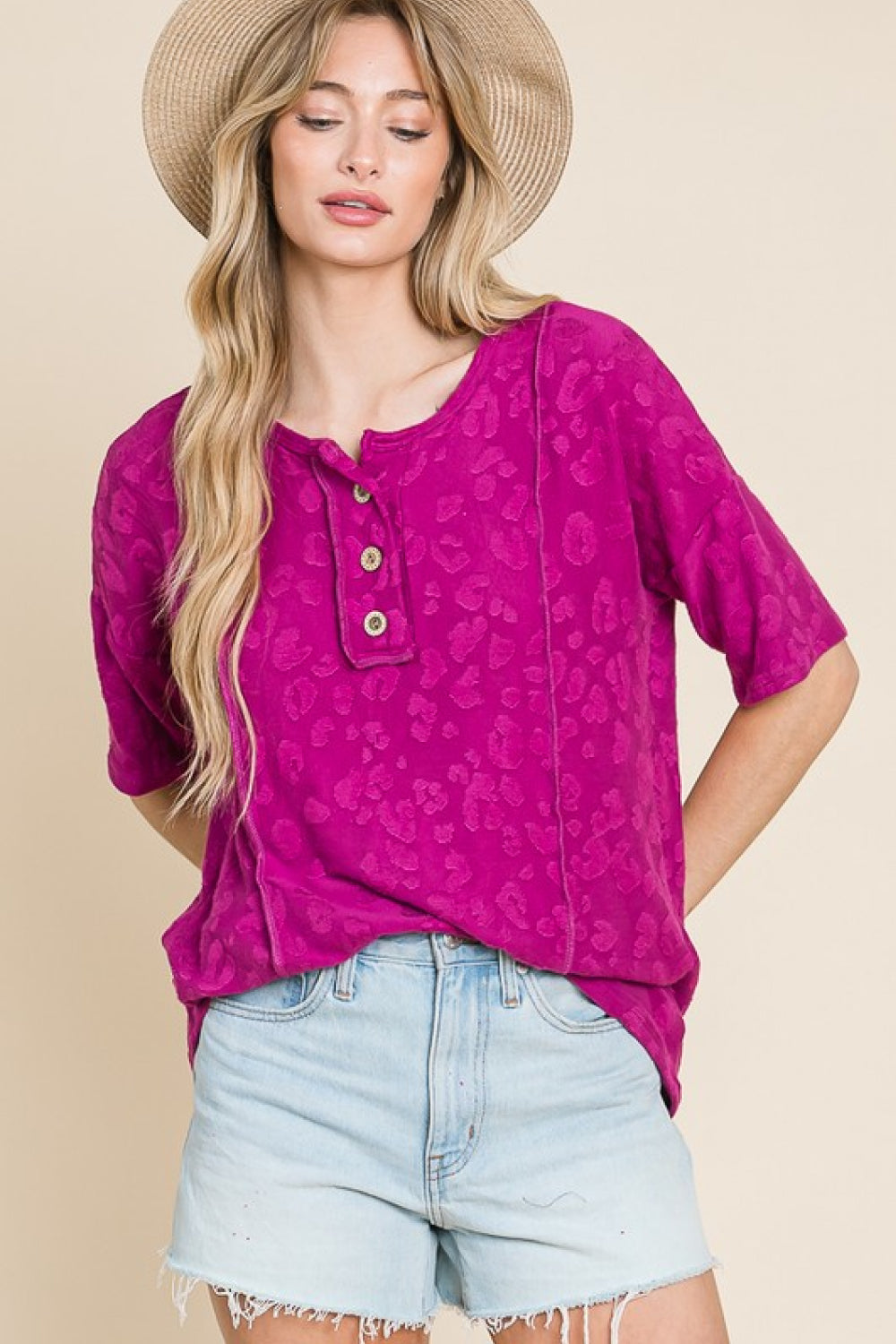 Textured leopard henley top with wooden buttons