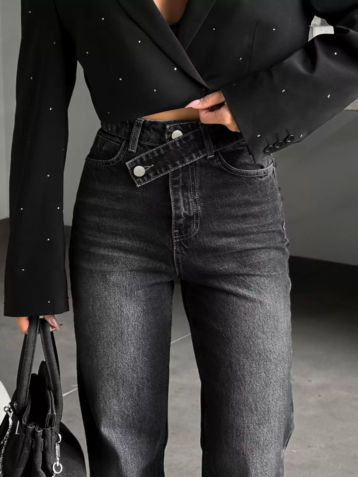 High-rise wide-leg jeans with crossover waistband and slit hem