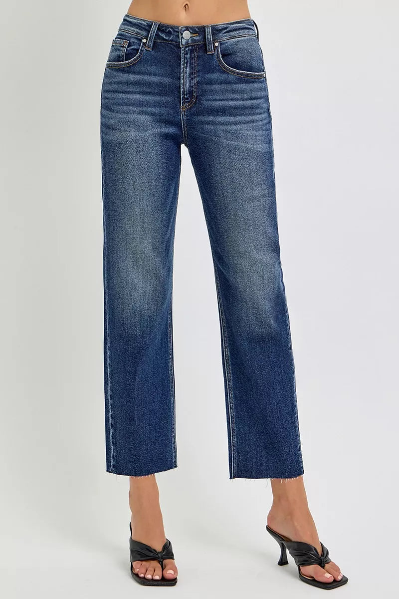 DARK High rise slim barrel jeans with raw frayed hem
