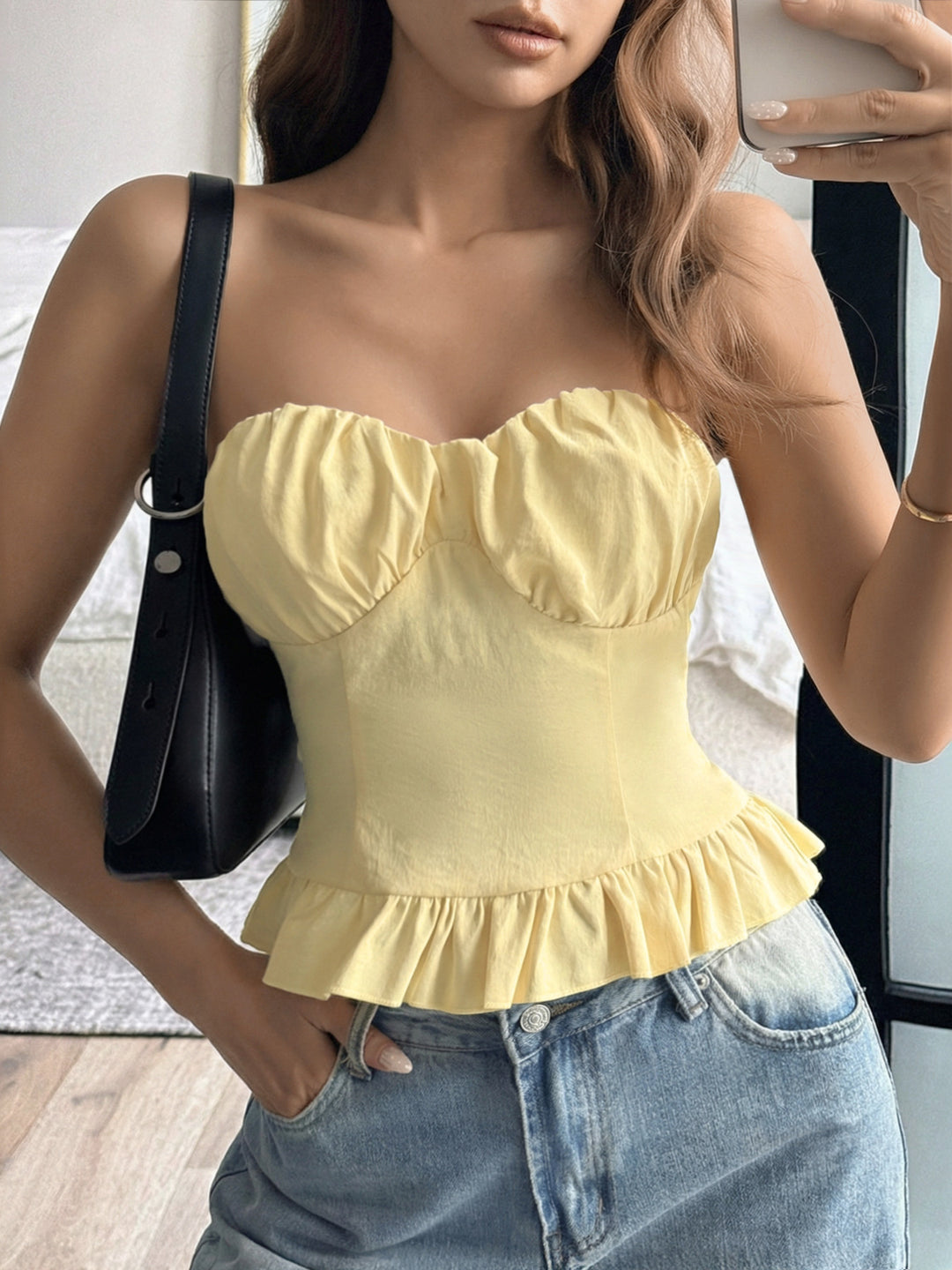 Ruched sweetheart tube top with ruffle peplum hem