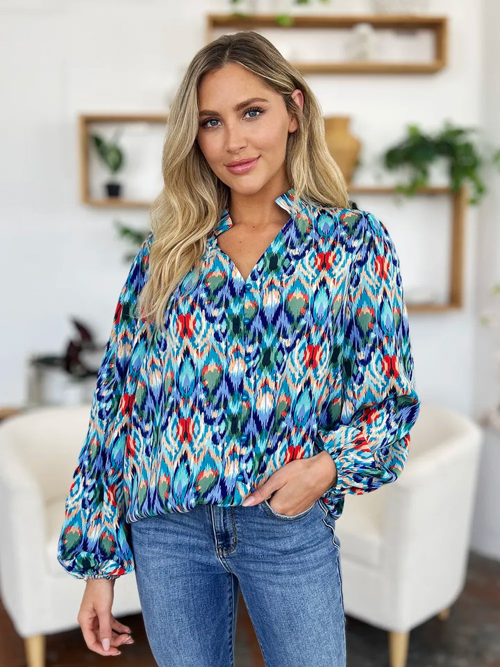 Abstract print balloon-sleeve button-down blouse