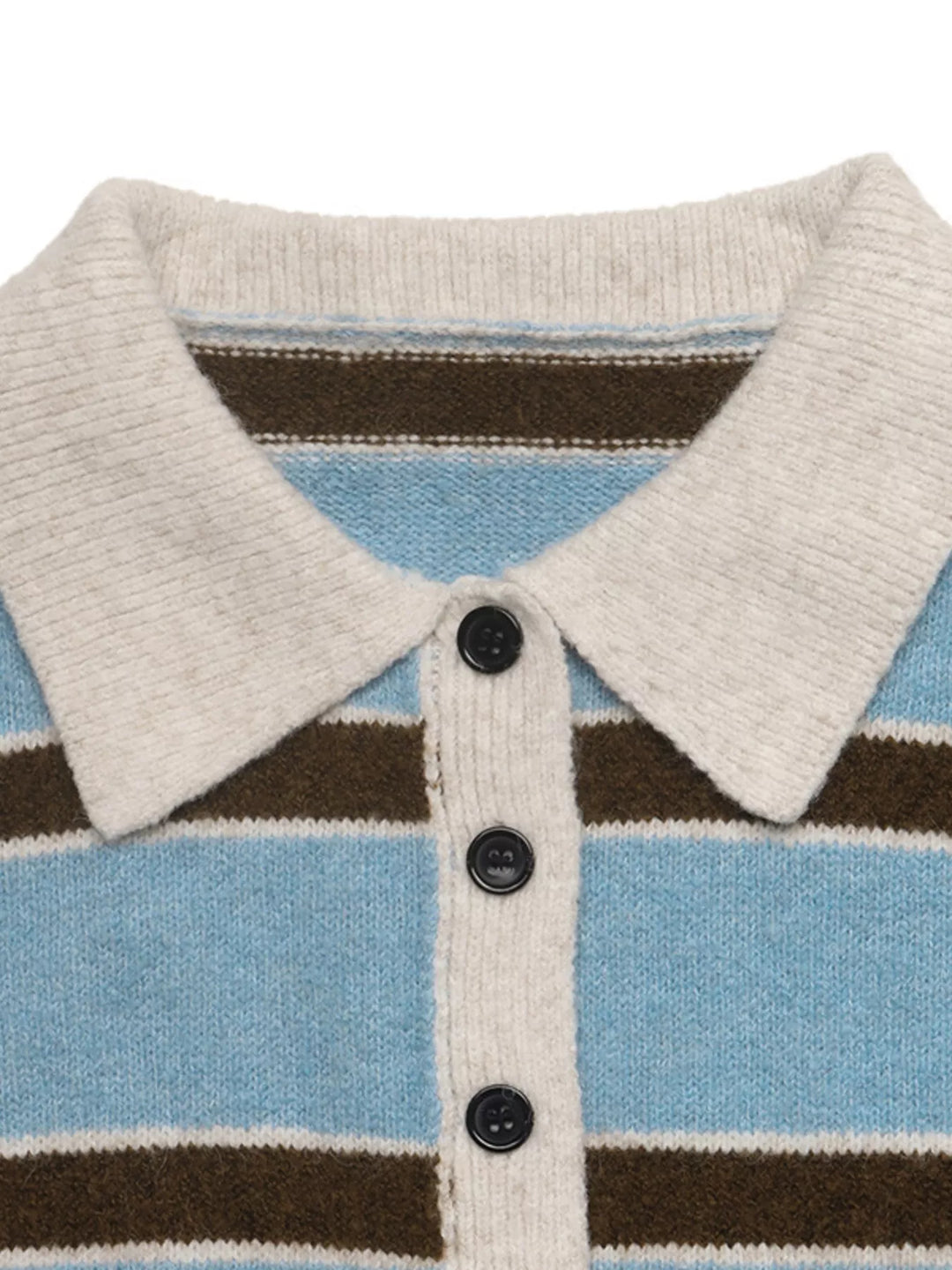 Striped knit polo collar sweater with button placket