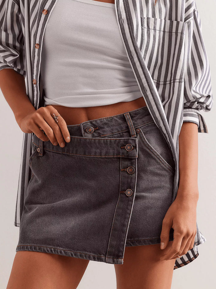 Gray Asymmetrical button-front denim mini skirt