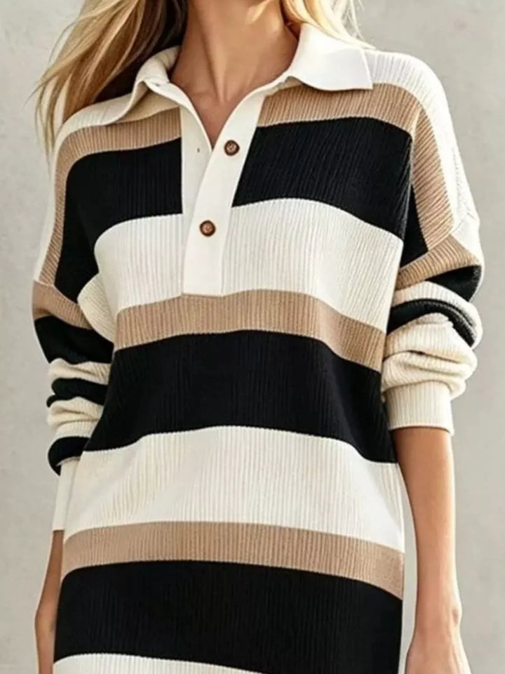 Striped ribbed knit polo collar midi sweater dress