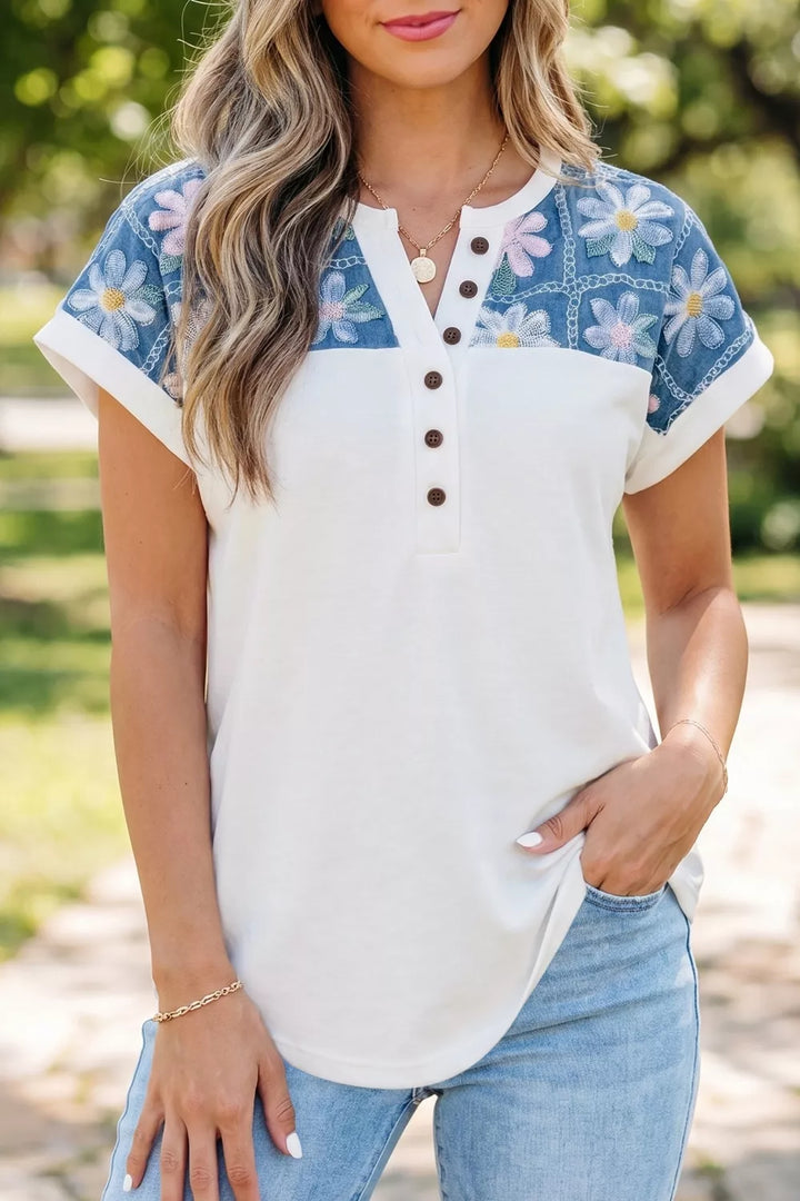 White Embroidered floral denim yoke button henley top