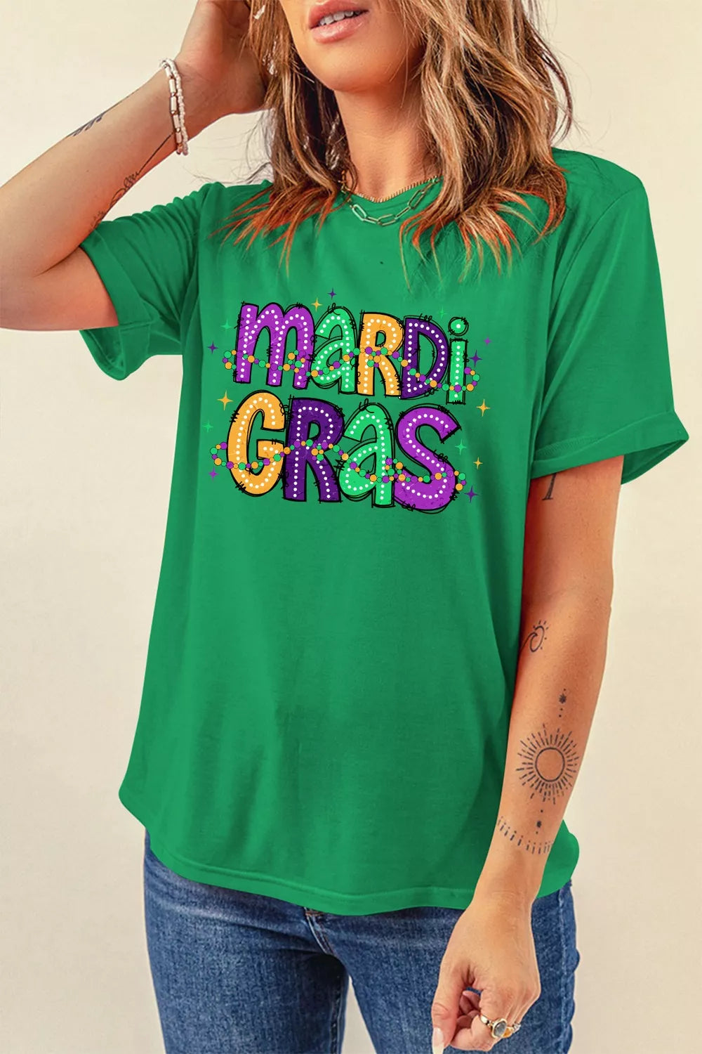 Mardi Gras beaded letter graphic crew neck tee