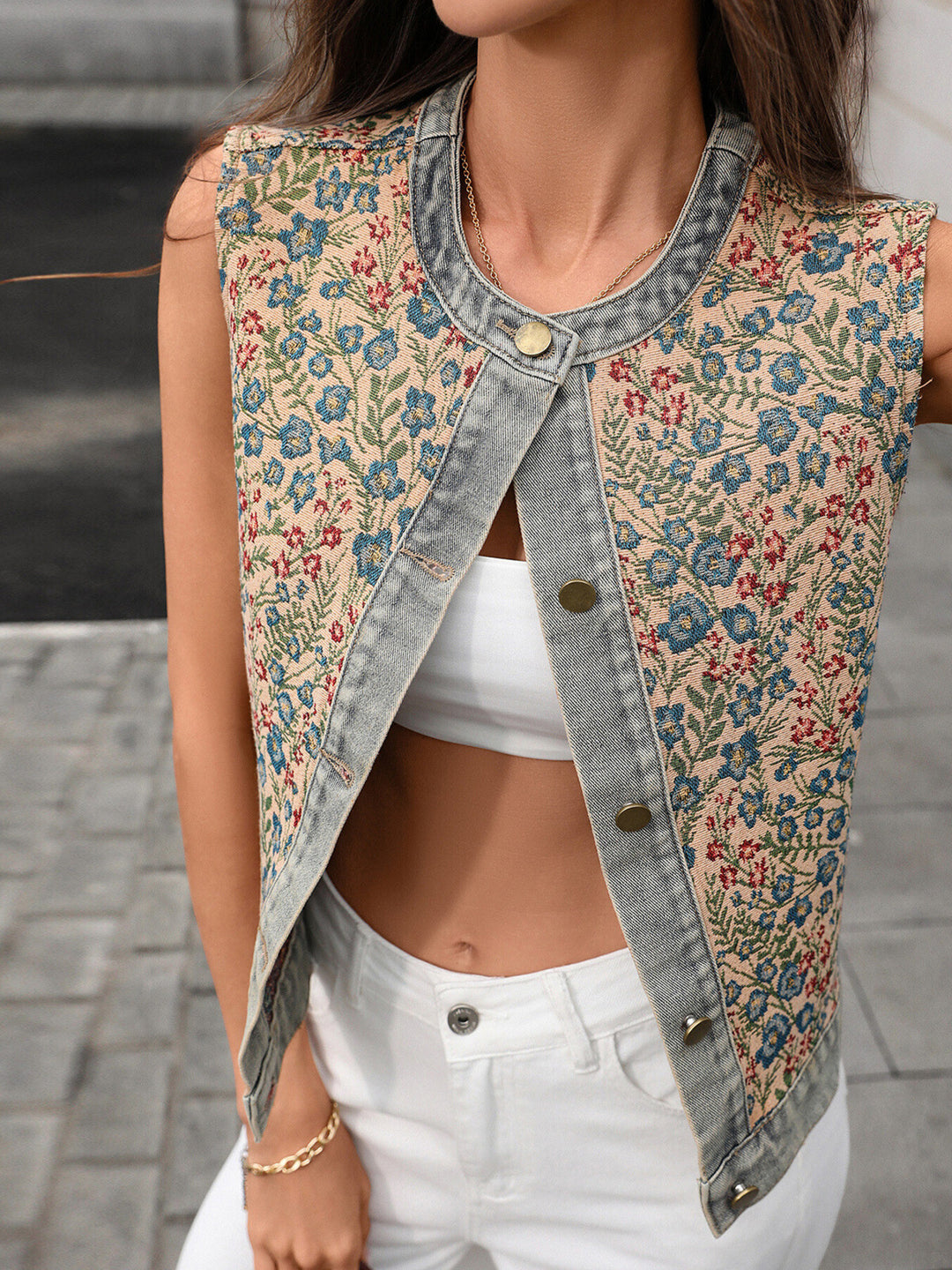Floral embroidered sleeveless denim vest