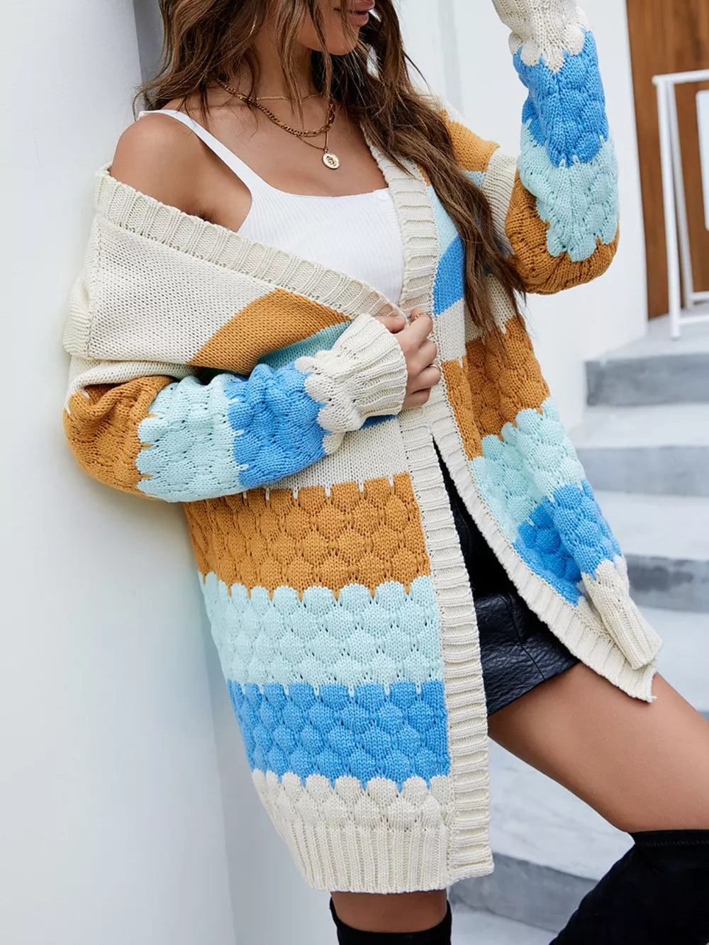 Chunky knit color block open front longline cardigan
