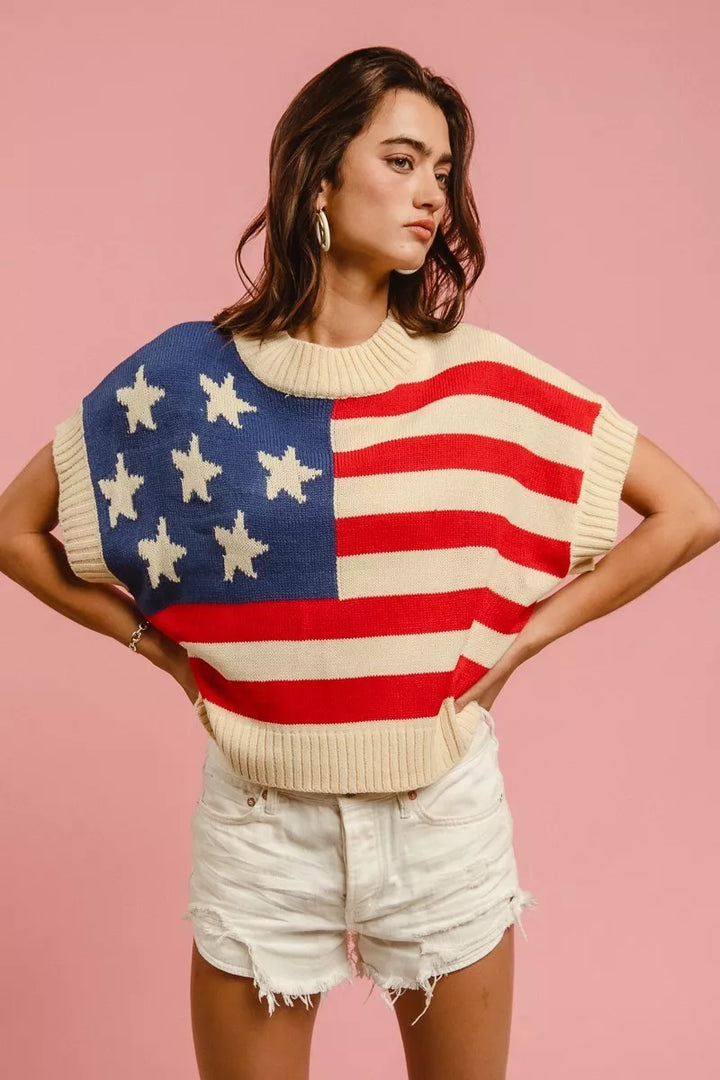 American flag sleeveless knit sweater top
