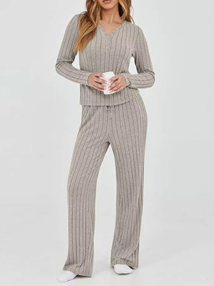 Ribbed knit henley top and wide leg pants lounge set