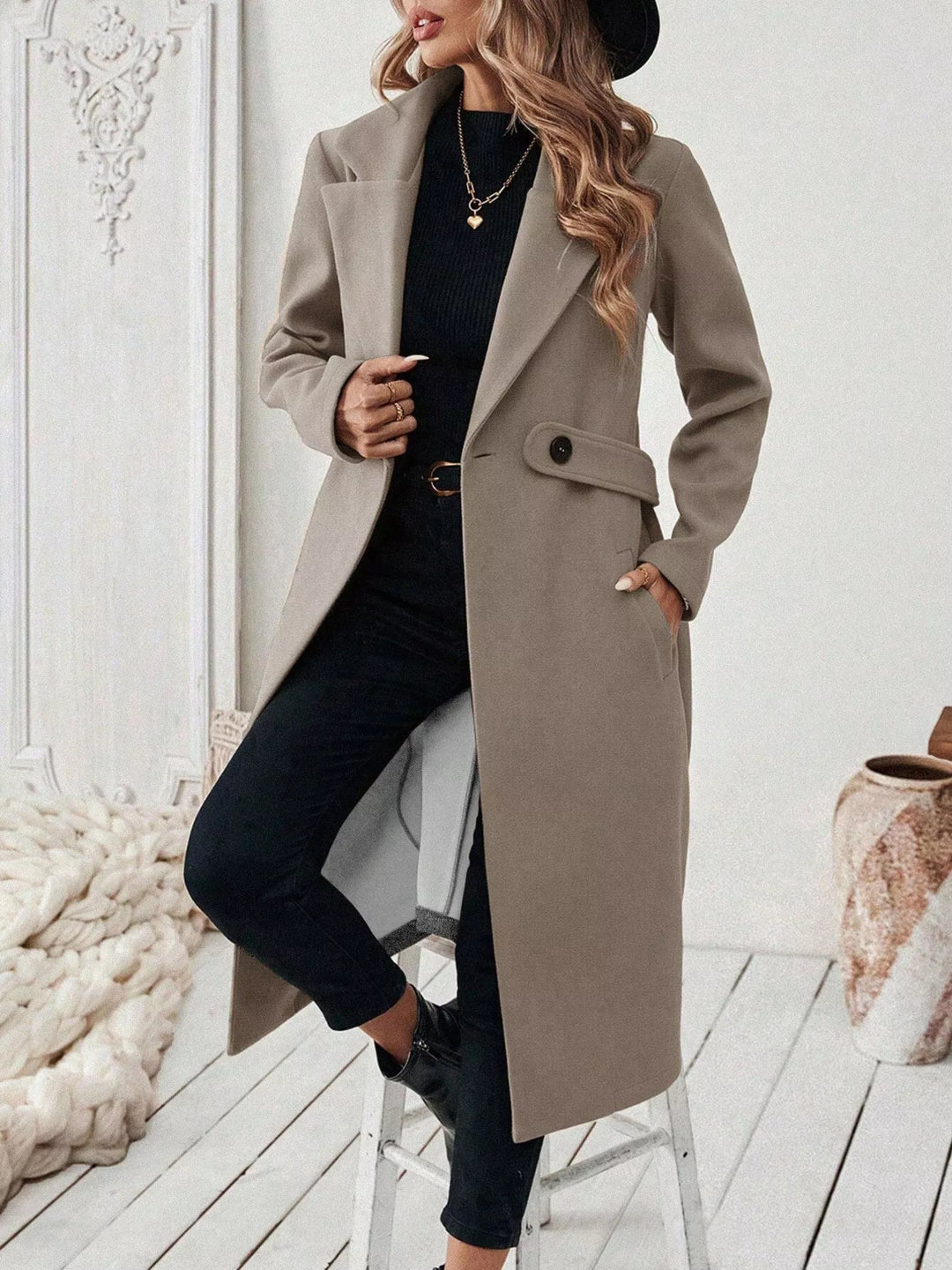 Notch lapel open-front longline coat with side pockets