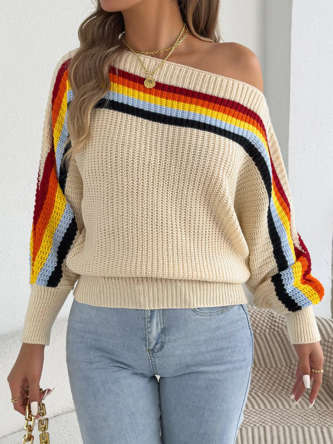 Rainbow stripe ribbed knit boat neck sweater