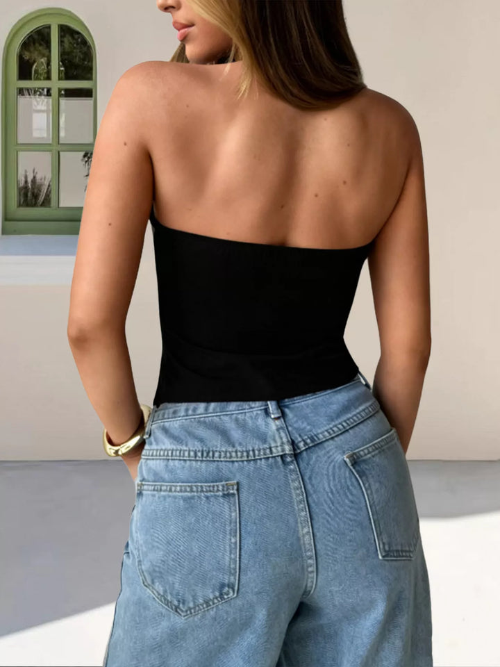 Deep-V halter tank with front zip and pointed hem