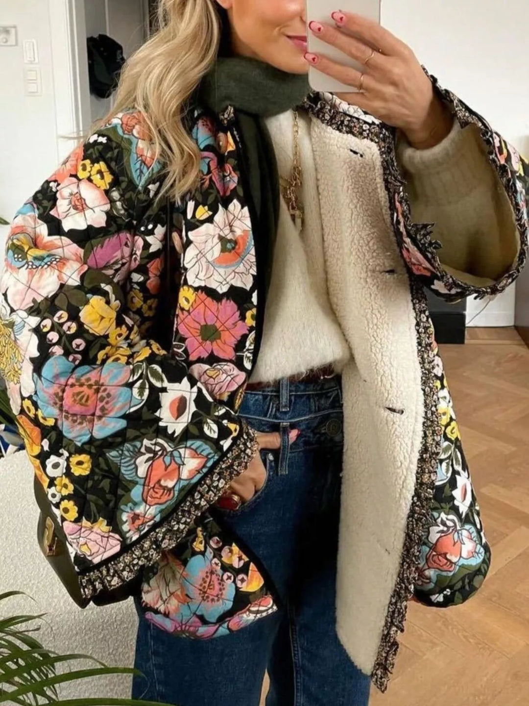 Color Floral print quilted jacket with sherpa lining and contrast trim