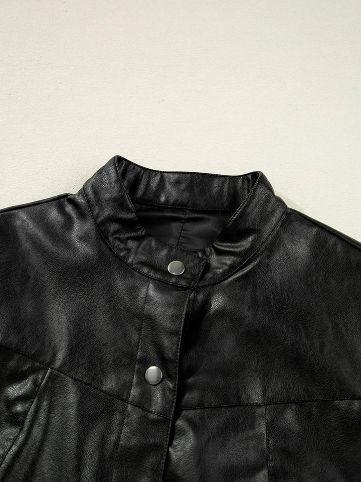 Faux leather snap-front boxy shirt jacket