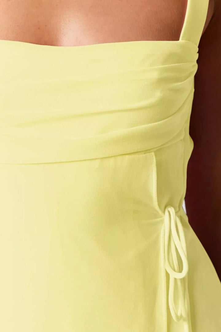 Ruched square neck mini dress with side tie