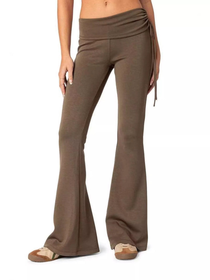 Khaki High-waist foldover flare pants with side drawstring
