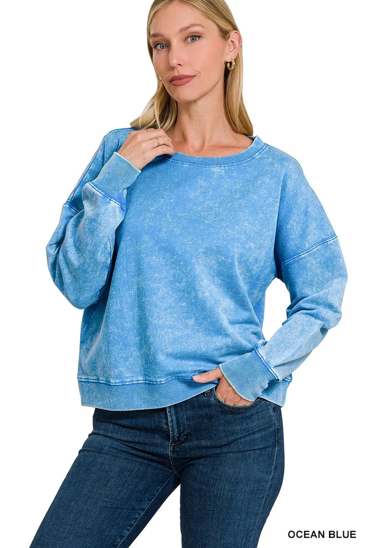 OCEAN BLUE Acid wash French terry boat neck sweatshirt