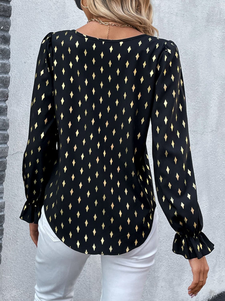 Metallic gold geometric print flounce sleeve blouse