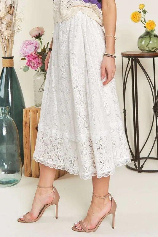Floral lace A-line midi skirt with scalloped hem