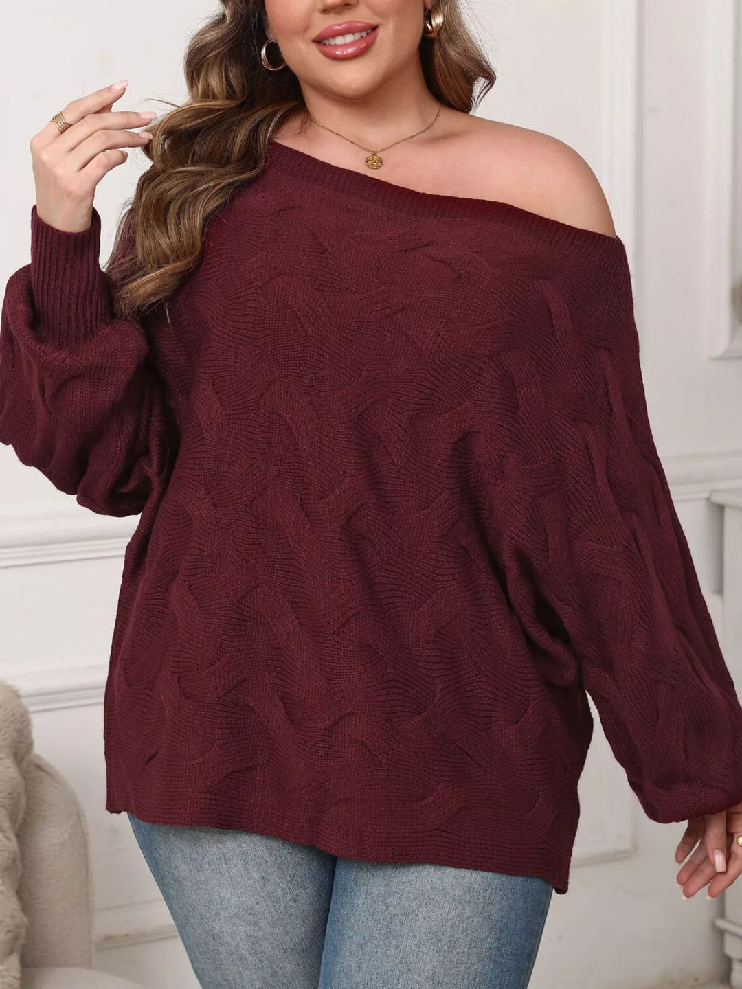 Textured cable knit off-shoulder sweater with batwing sleeves