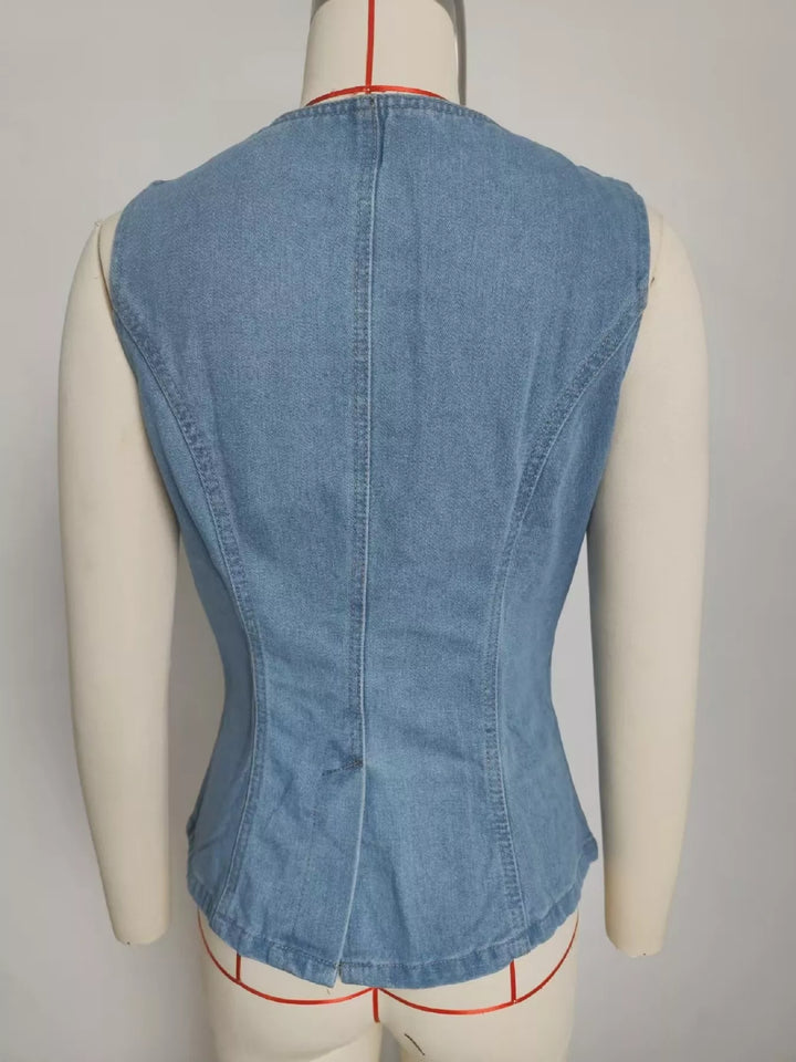 Sleeveless button-front denim vest and wide-leg pants set