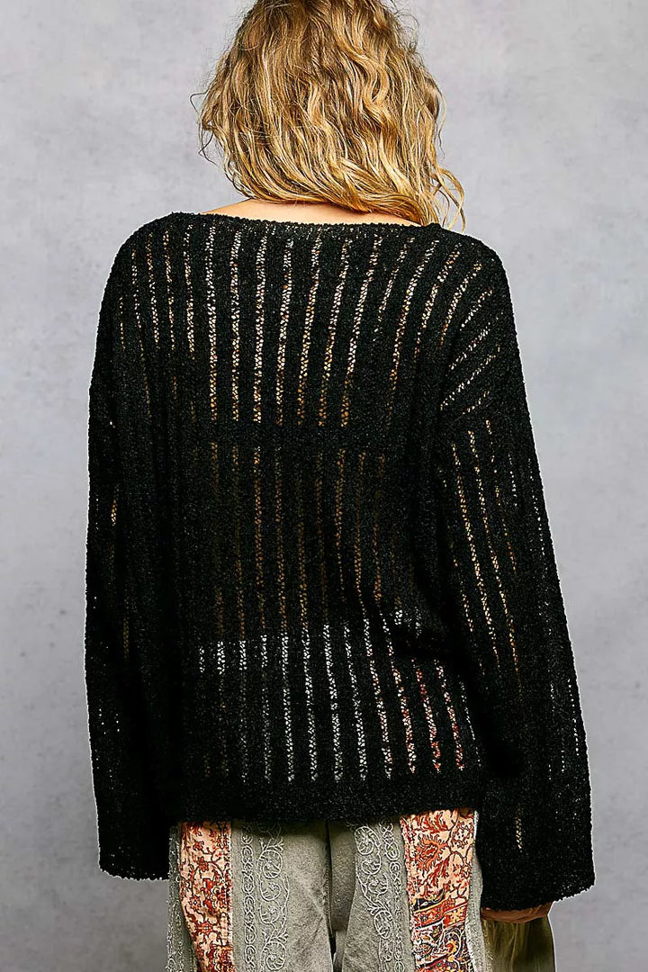 Open-knit round neck long sleeve pullover sweater
