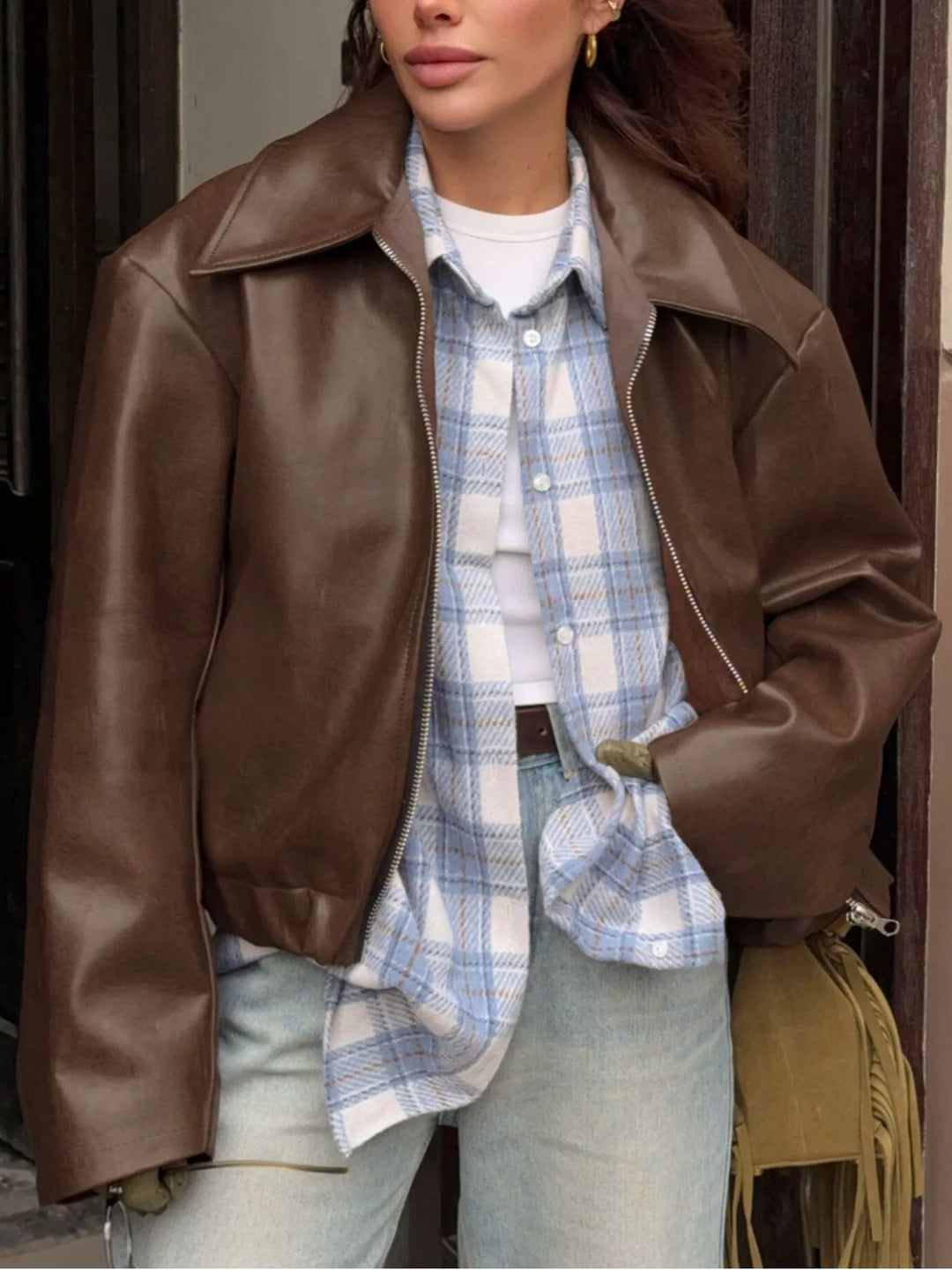 Brown Oversized faux leather zip-up bomber jacket