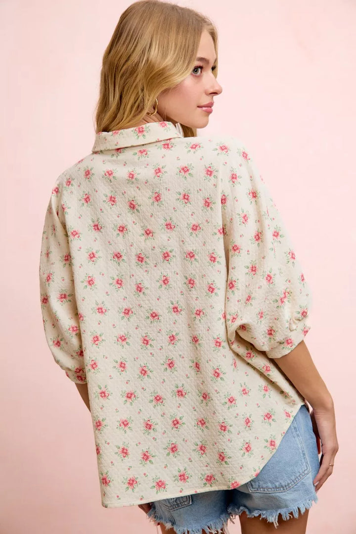 Ditsy floral short dolman blouse with button-front
