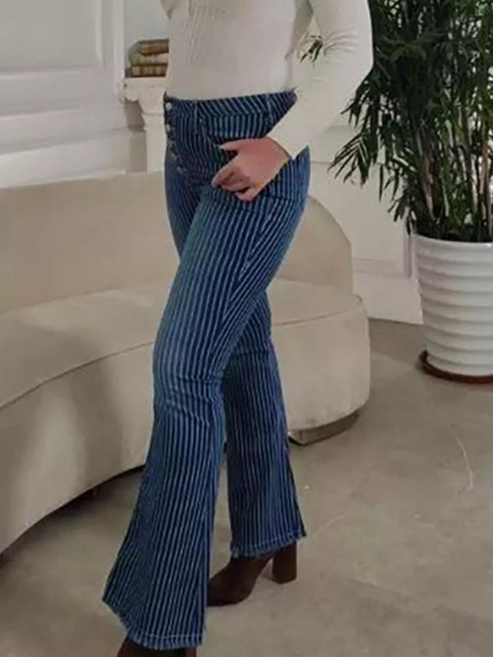 Pinstripe mid-rise button-fly flare jeans