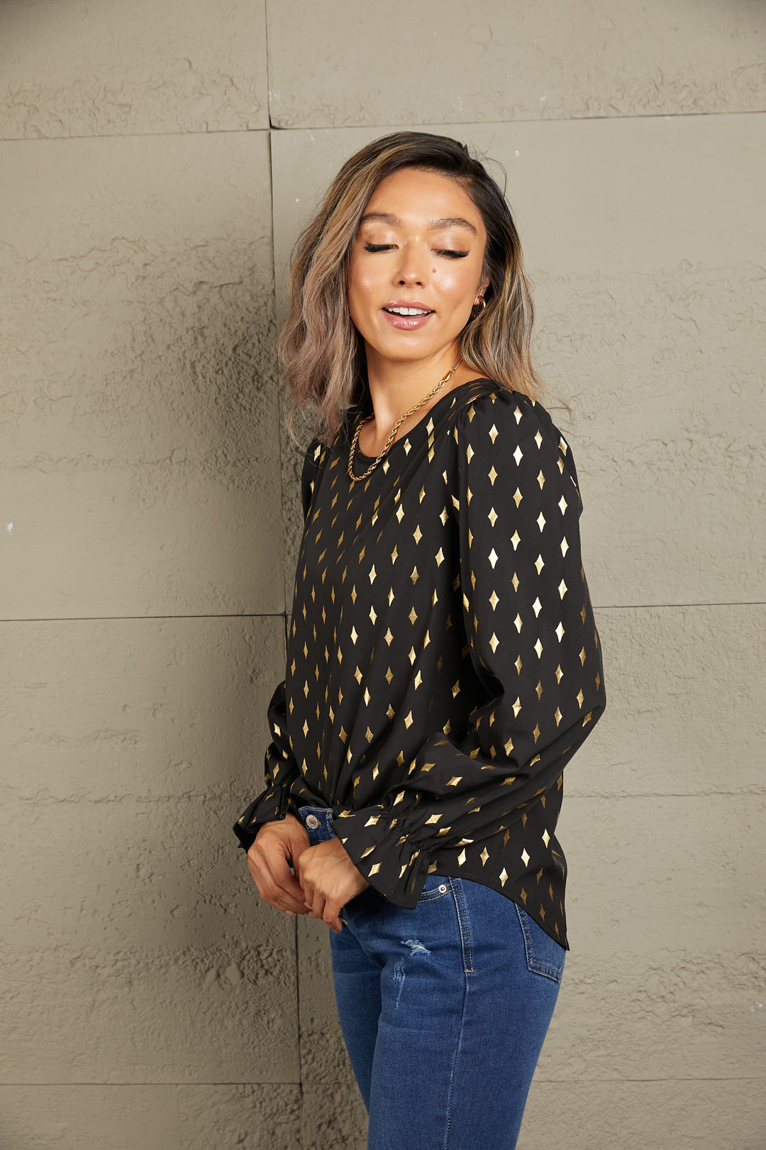 Metallic gold geometric print flounce sleeve blouse