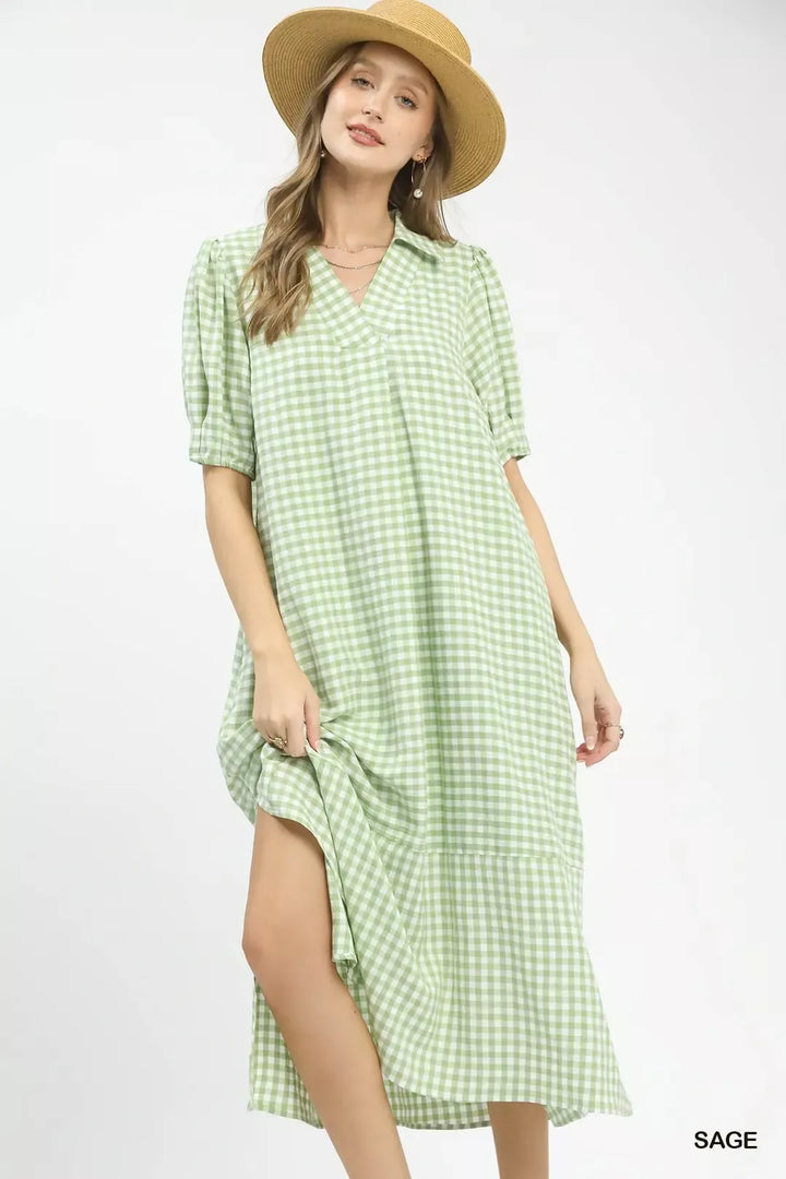 SAGE Gingham collared midi dress with tiered hem and pockets
