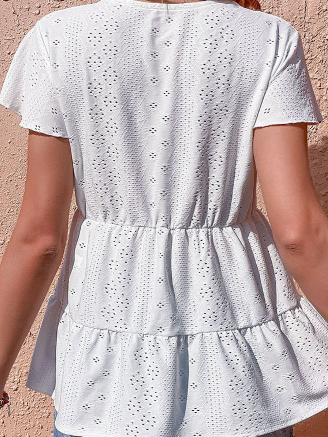 Eyelet button-front flutter sleeve tiered blouse