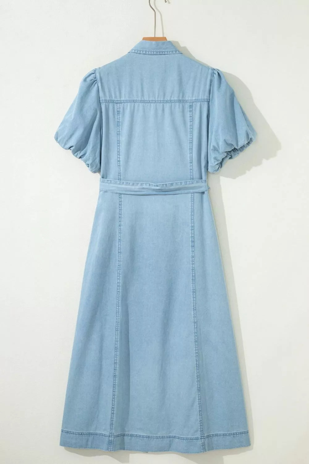 Belted chambray midi shirt dress with puff sleeves