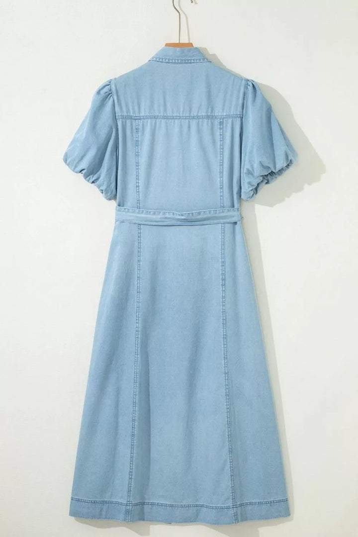 Belted chambray midi shirt dress with puff sleeves
