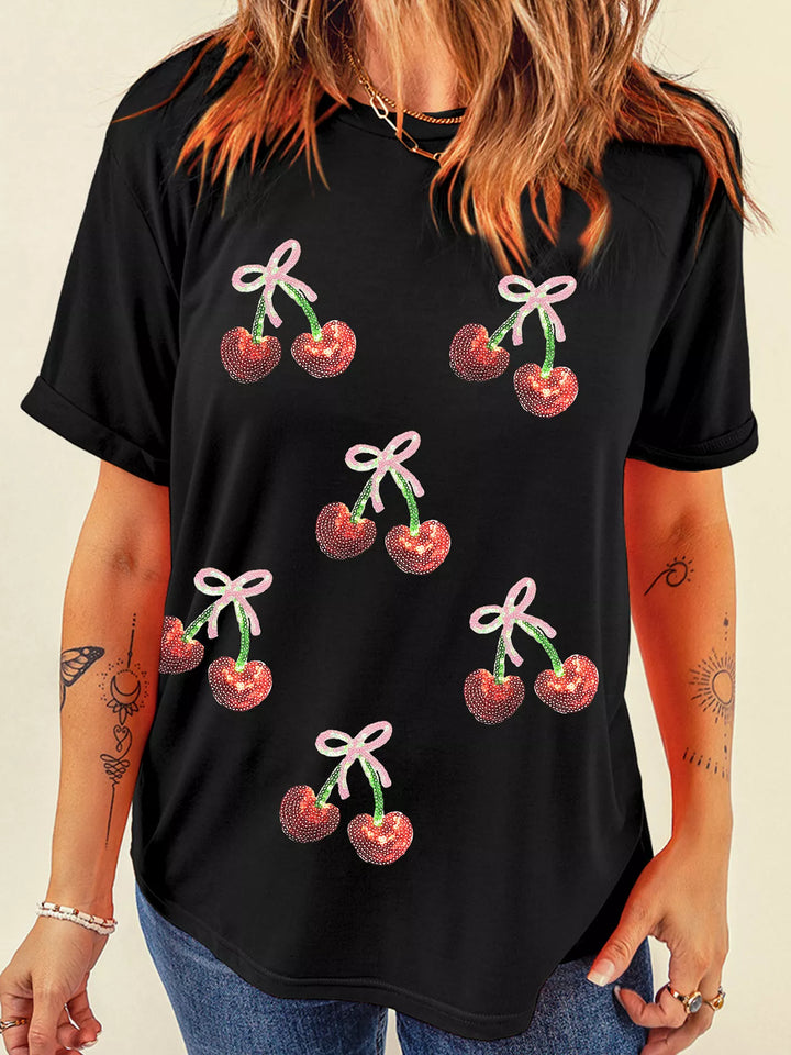 Black Sequin cherry and bow patch crew neck tee