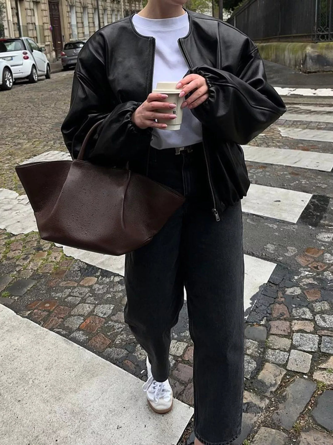 Cropped faux leather zip-up bomber jacket