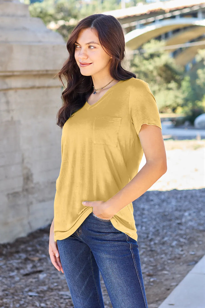 V-neck short sleeve bamboo tee with chest pocket