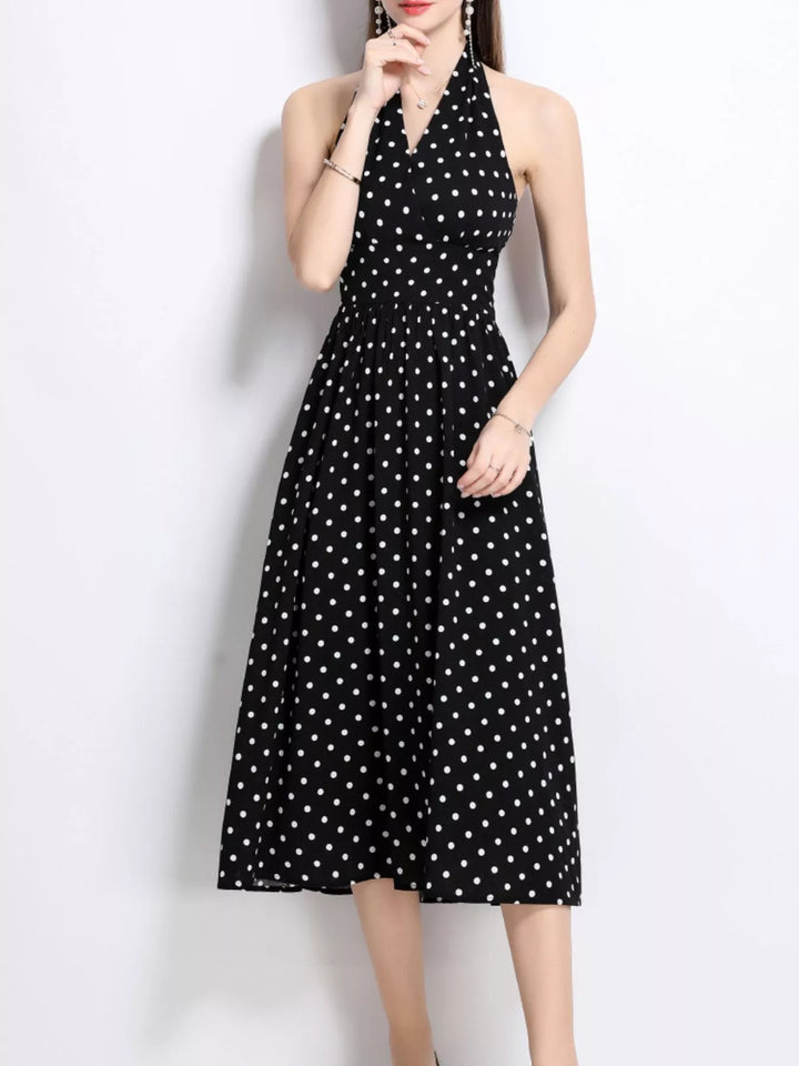 Polka dot halter midi dress with full A-line skirt