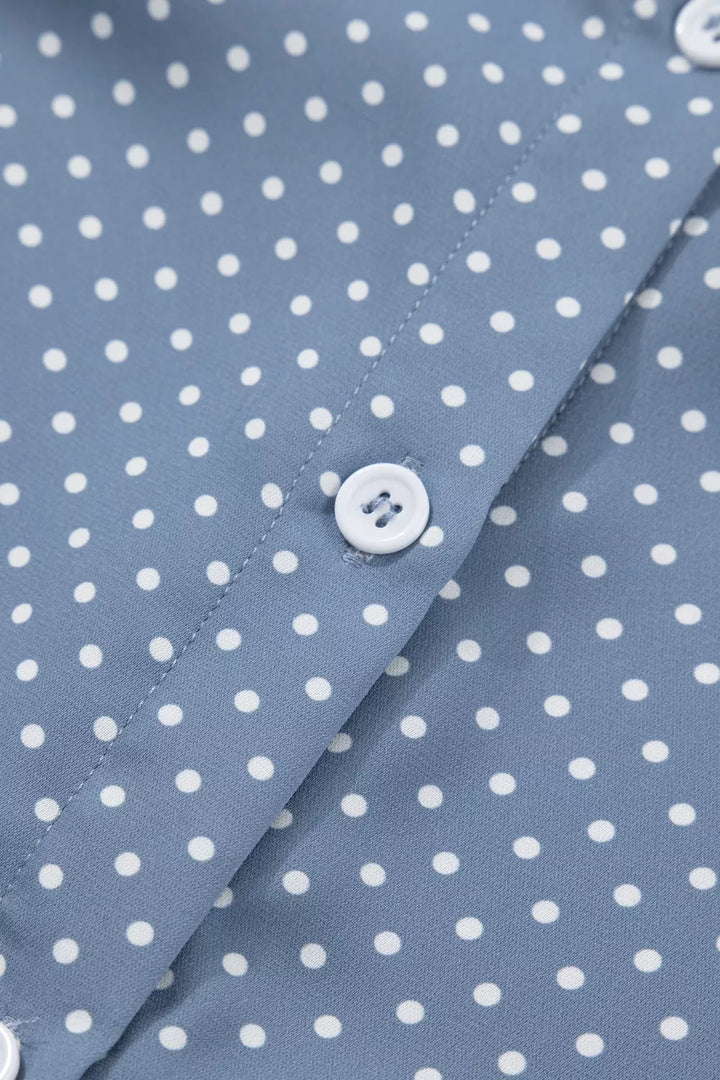 Polka dot button-down shirt with cuffed short sleeves