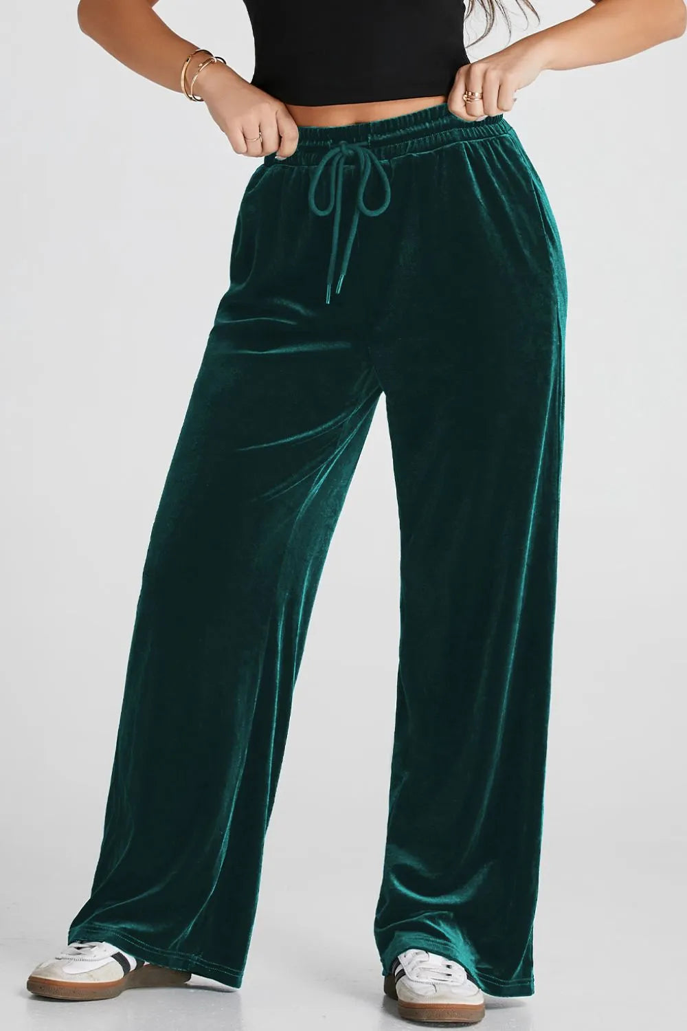 Velvet wide-leg drawstring pants with side pockets