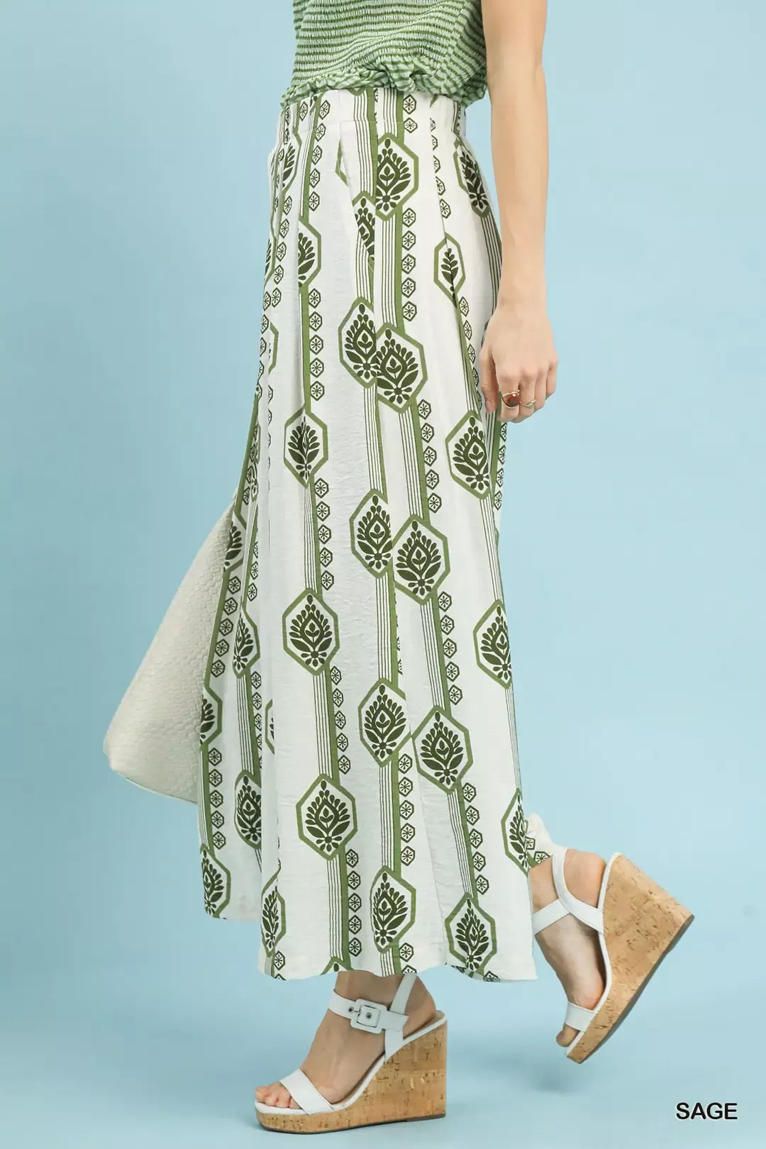 Geometric boho print wide leg pants with smocked waist