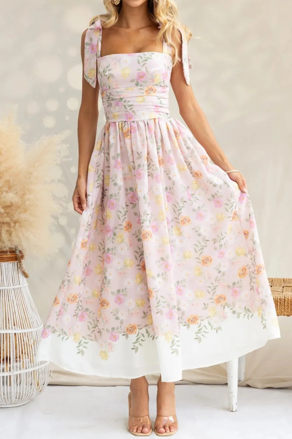 Floral tie-shoulder ruched midi cami dress