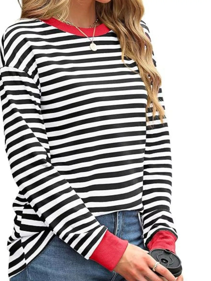 White Contrast-trim striped long sleeve crew neck top