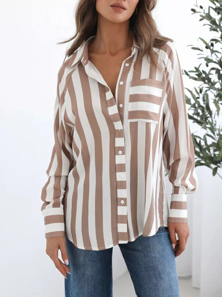 Khaki Color Striped long-sleeve button-down shirt with chest pocket