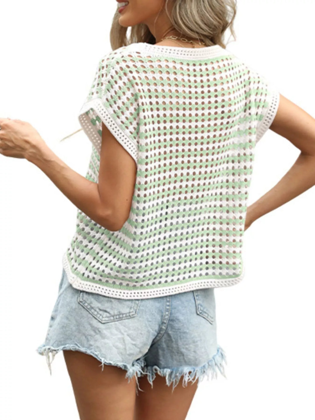 Striped open-knit top with cap sleeves and scoop neck