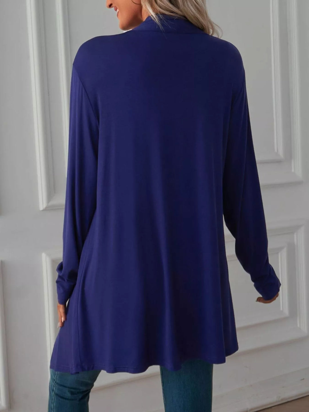 Lightweight open front cardigan with draped waterfall hem