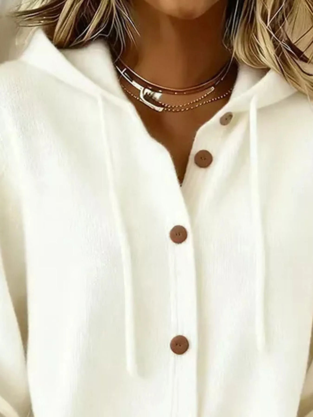 Hooded button-down knit cardigan with drawstring