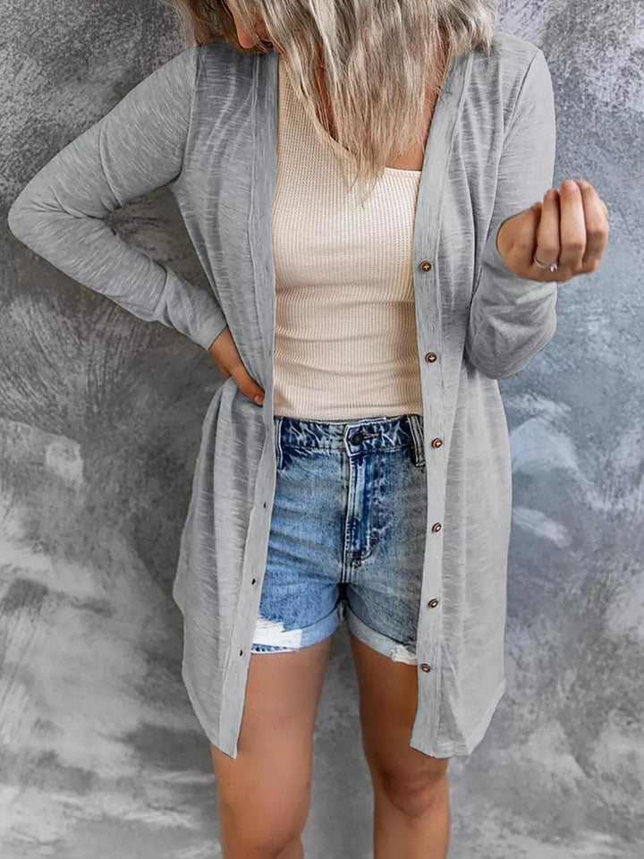 Grey Lightweight button-front longline open knit cardigan