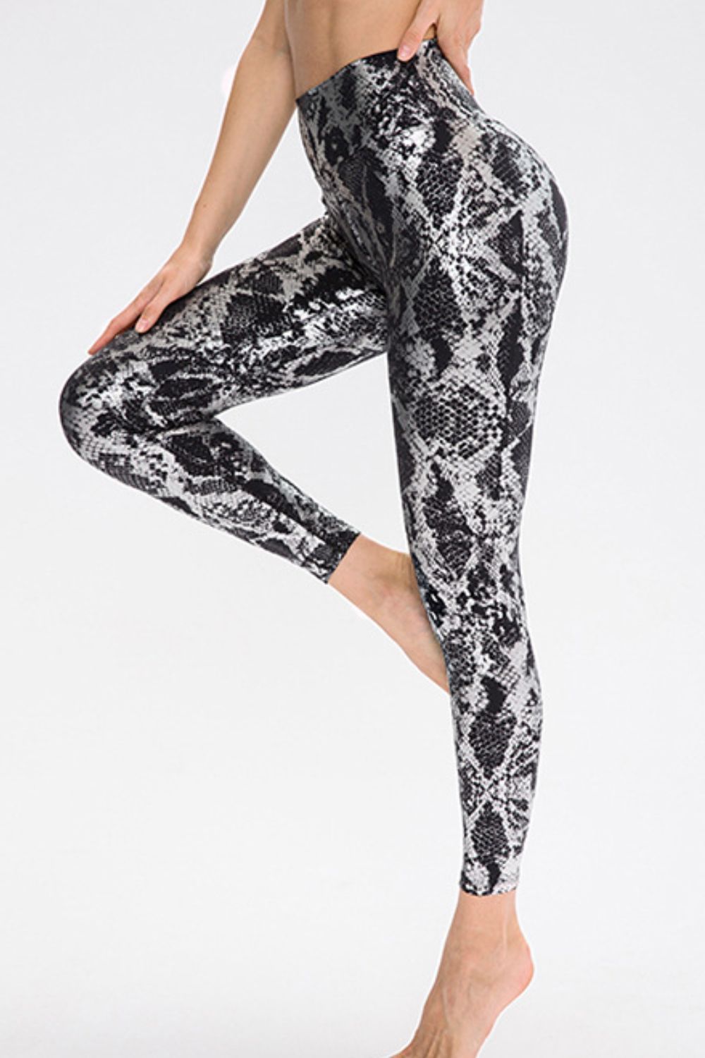 Metallic snakeskin print wide waistband workout leggings